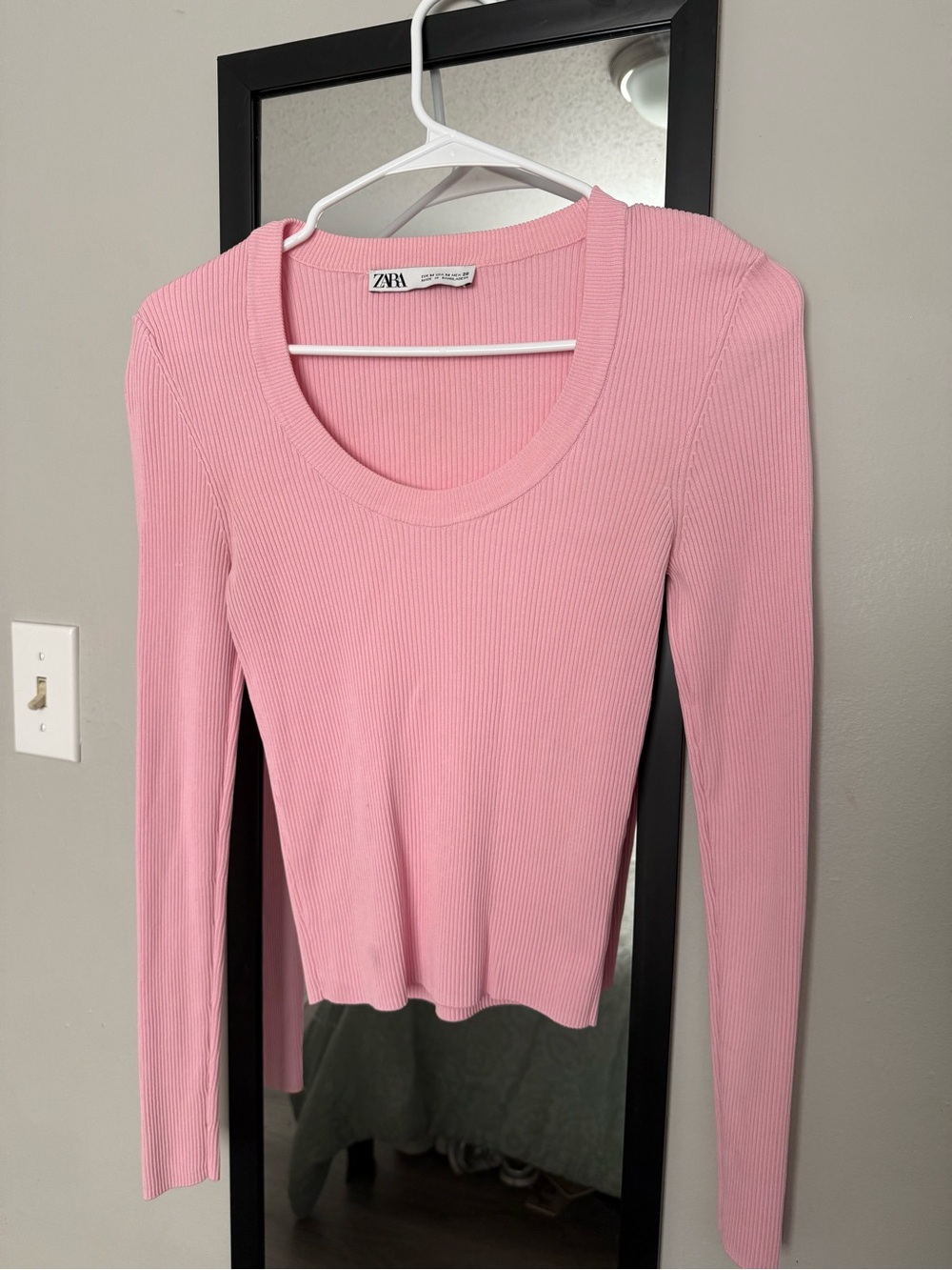 ZARA Ribbed Long Sleeve Top Pink Scoop Neck Size M - Excellent Condition